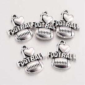 Тибетский стиль подвески сплава хобби, спортивные амулеты, регби с фразой я люблю футбол, без кадмия и без свинца, 20.3x18.4x3 мм, Отверстие : 2 мм , около 434 шт / 1000 г