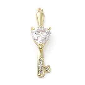 Brass Cubic Zirconia Pendents, with Glass, Long-Lasting Plated, Key with Heart
