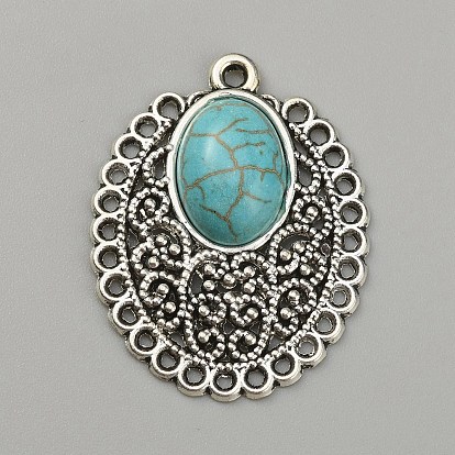Звенья компонентов люстры из синтетической бирюзы, со старинными серебряными тонами цинкового сплава, тибетский стиль , овальные