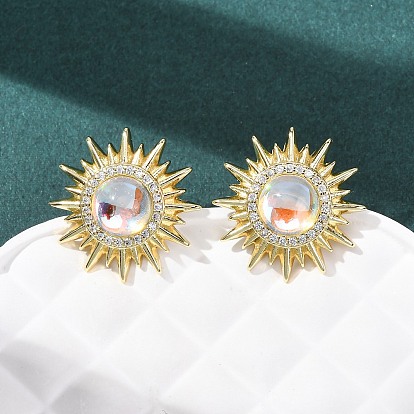 Серьги-гвоздики из прозрачного кубического циркония с микропаве из латуни., со стеклом, стойки покрытие, долговечный, без свинца и без кадмия