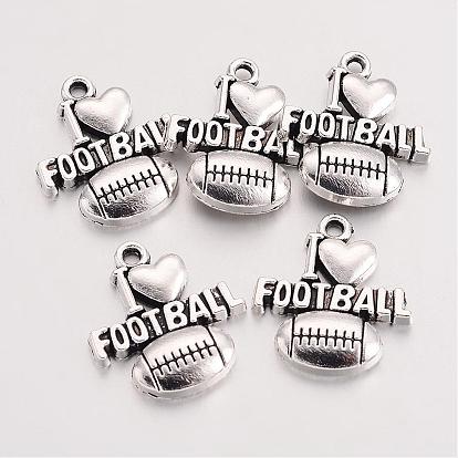 Тибетский стиль подвески сплава хобби, спортивные амулеты, регби с фразой я люблю футбол, без кадмия и без свинца, 20.3x18.4x3 мм, Отверстие : 2 мм , около 434 шт / 1000 г