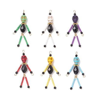 Подвески в виде маленьких скелетиков из стеклянного бисера, с 304 штифтами из нержавеющей стали, синтетической бирюзой и биконусными стеклянными бусинами, имитирующими австрийский хрусталь, граненые