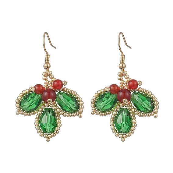 304 болтаться серьги из нержавеющей стали лист, с подвесками из стеклянных семян, стекла и натурального сердолика