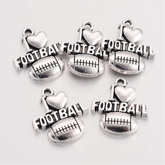 Тибетский стиль подвески сплава хобби, спортивные амулеты, регби с фразой я люблю футбол, без кадмия и без свинца, 20.3x18.4x3 мм, Отверстие : 2 мм , около 434 шт / 1000 г
