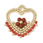 Natural Stone Faceted Round Beaded Copper Wire Wrapped Pendants, Brass Heart Charms with Glass Seed Beads, Golden