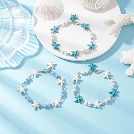 3Pcs Synthetic Turquoise Starfish Link Bracelets for Women, with Glass Pearl Beads