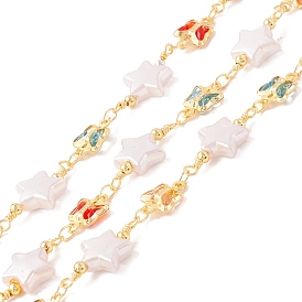 Brass Link Chains, with ABS Plastic Pearl Star & Glass Butterfly Links, Unwelded, with Spool, Lead Free & Cadmium Free, Golden