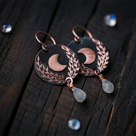 Retro Round Card Copper Carved Crescent Leaf Earrings Simple Water Drop Pendant Earrings