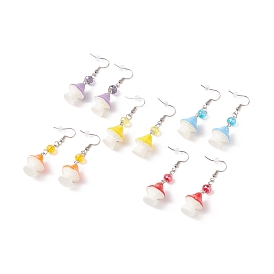 Resin Mushroom with Glass Dangle Earrings, 316 Surgical Stainless Steel Jewelry for Women