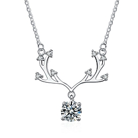 Rhodium Plated 925 Sterling Silver Micro Pave Clear Cubic Zirconia Cable Chain Necklaces, Crystal Moissanite Rhinestone Deer Antler Pendant Necklaces