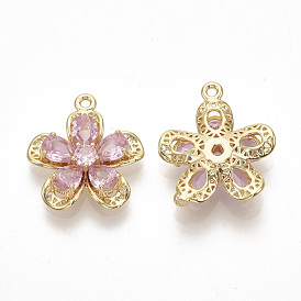 Brass Cubic Zirconia Pendants, Real 18K Gold Plated, Flower