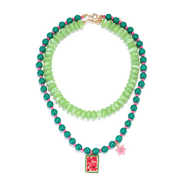 Collier double rang en alliage, résine émaillée, rectangle avec pendentif fleur, pour femme, or et de lumière