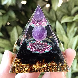 Orgonite Pyramid Resin Energy Generators, Reiki Natural Amethyst & Black Obsidian
 Chips Inside for Home Office Desk Decoration