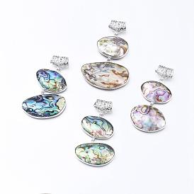 Brass Abalone Shell Oval Big Pendants, with Scarf Bail Beads, 53~63x30~40x6.5mm, Hole: 7x3mm