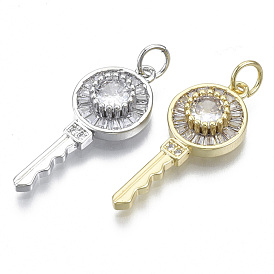 Brass Micro Pave Cubic Zirconia Pendants, Nickel Free, with Jump Rings, Key, Clear