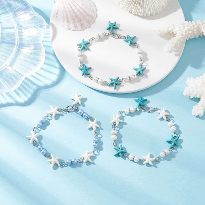 3Pcs Synthetic Turquoise Starfish Link Bracelets for Women, with Glass Pearl Beads