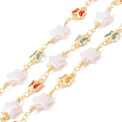 Brass Link Chains, with ABS Plastic Pearl Star & Glass Butterfly Links, Unwelded, with Spool, Lead Free & Cadmium Free, Golden