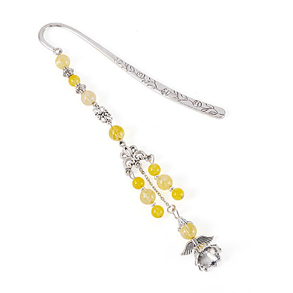 Круглые бусины из натуральных драгоценных камней и закладки в виде ангелов из сплава, крючок закладки