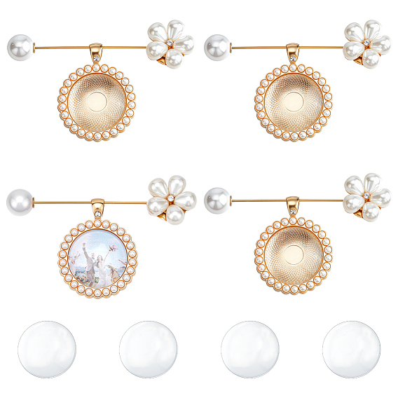 4шт. латунные значки на лацкан, из сплава с подвесками из искусственного жемчуга и стеклянными кабошонами