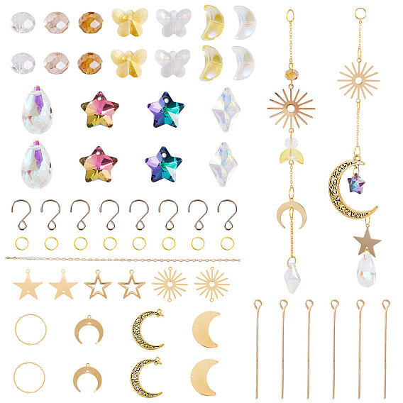 Набор для изготовления своими руками, в том числе стеклянные бусины и подвески, Железные соединительные колечки, латунные соединительные подвески и кулоны, а также цепочки., подвески в виде полой луны из сплава с петлеобразным звеном