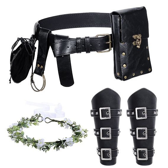 PU Leather Wrist Guard, Medieval Viking Renaissance Clothing Accessories, Rectangle PU Leather Medieval Belt Ba, Plastic Leaf Flower Wreath Headband