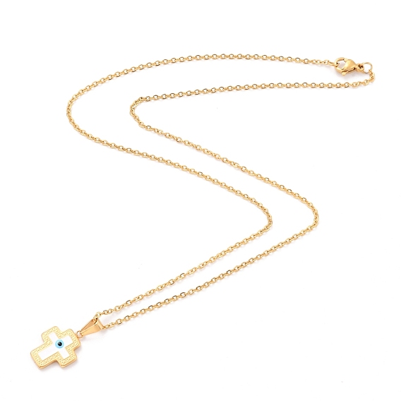304 Stainless Steel Cross with Evil Eye Pendant Necklaces, with Enamel and Cable Chains