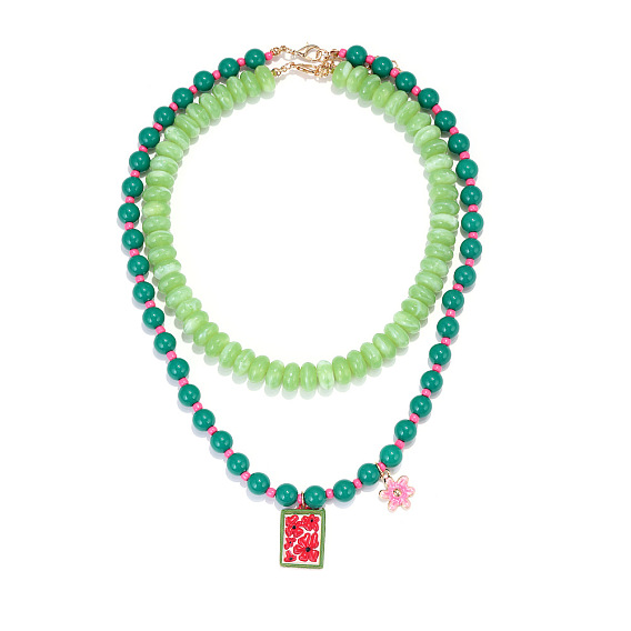 Collier double rang en alliage, résine émaillée, rectangle avec pendentif fleur, pour femme, or et de lumière