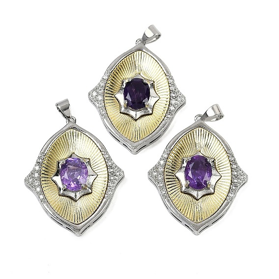Ромбовидные подвески из натурального аметиста, с латунной фурнитурой и кубическим цирконием, стойки покрытие