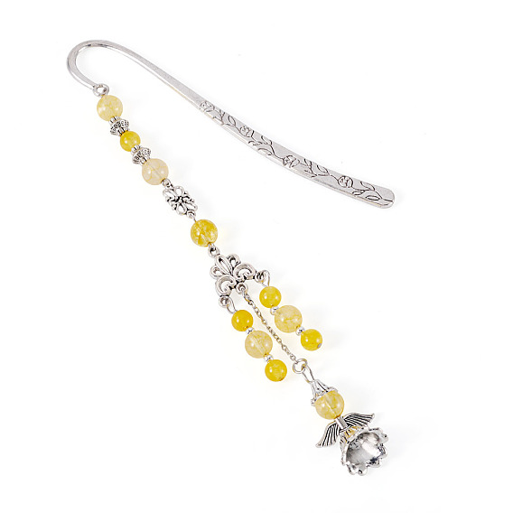 Круглые бусины из натуральных драгоценных камней и закладки в виде ангелов из сплава, крючок закладки