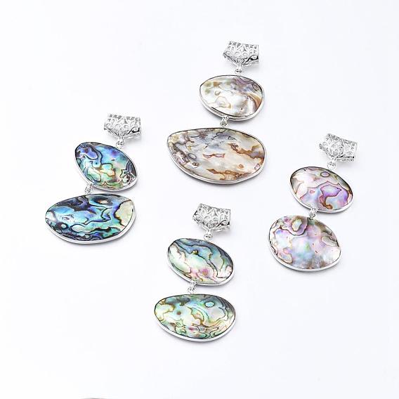 Brass Abalone Shell Oval Big Pendants, with Scarf Bail Beads, 53~63x30~40x6.5mm, Hole: 7x3mm