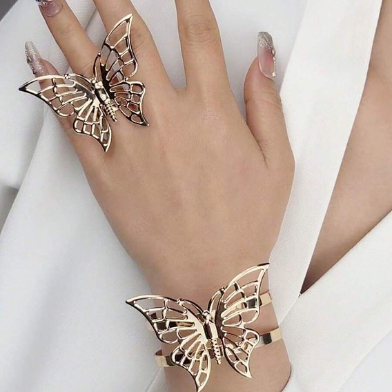 Комплект из полого браслета-манжеты из сплава в форме бабочки и колец-манжет