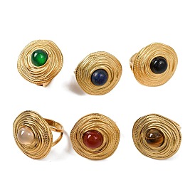 Round Natural Gemstone Finger Rings, Golden Tone 304 Stainless Steel Cuff Rings for Women