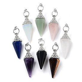 Gemstone Faceted Cone Big Pendants, with Rack Plating Alloy Findings, Platinum