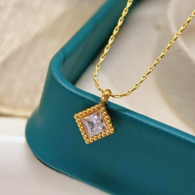 304 Подвеска-колье из нержавеющей стали с ромбовидным узором из прозрачных кубических цирконий для женщин