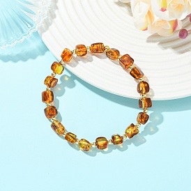 Эластичные браслеты из натурального янтаря и немагнитного синтетического гематита для женщин и мужчин., куб и круглый, с латунной бисера, золотые