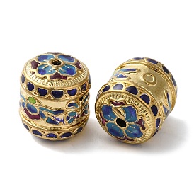 Rack Plating Brass Enamel Beads, Long-Lasting Plated, Cadmium Free & Lead Free, Column with Flower Pattern