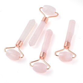 Outils de massage à quartz rose rose, rouleaux de visage, avec les accessoires en laiton, or rose