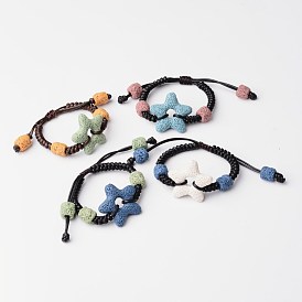 Star Natural Lava Rock Braided Bead Bracelets, with Waxed Cord, 52mm