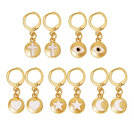 5Pairs 5 Styles Brass Huggie Hoop Earrings, with Enamel, Flat Round with Mixed Patterns