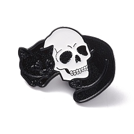 Cat and Skull Enamel Pin, Halloween Alloy Brooch for Backpack Clothes, Electrophoresis Black