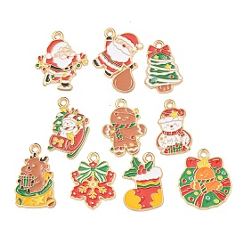 Christmas Theme Alloy Enamel Pendants, Light Gold, Santa & Gingerbread Man & Christmas Tree