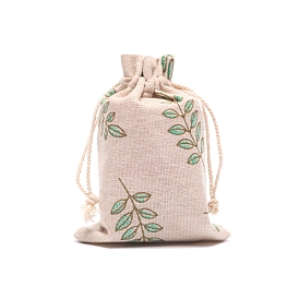 Leaf Print Burlap Packing Pouches, Drawstring Bags, for Presents, Party Favor Gift Bags, Rectangle