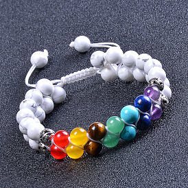 Natural White Turquoise Double Strand Bracelet with Rainbow Stones and Amethyst Strawberry Crystal Weave