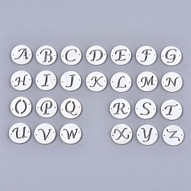 Natural Freshwater Shell Links Connectors, Flat Round with Letter