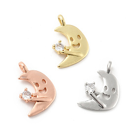 Moon with Smiling Face Brass Micro Pave Clear Cubic Zirconia Pendants, Cadmium Free & Lead Free