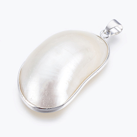 Natural White Shell Mother of Pearl Shell Big Pendants, with Brass Findings, Oval, Platinum