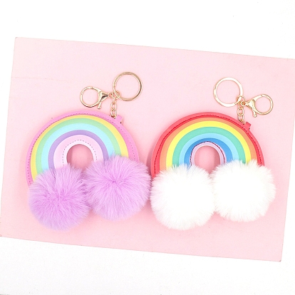 Porte-clés en fourrure arc-en-ciel pour femme, avec PU cuir, pendentif de sac de charme de voiture en fausse fourrure de lapin
