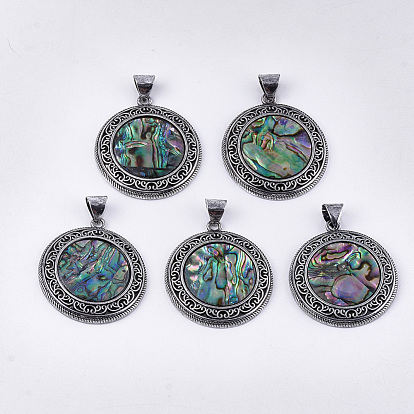 Abalone Shell/Paua Shell Pendants, with Resin Bottom and Alloy Findings, Flat Round