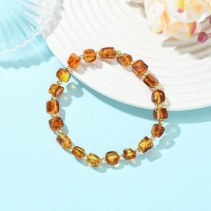 Эластичные браслеты из натурального янтаря и немагнитного синтетического гематита для женщин и мужчин., куб и круглый, с латунной бисера, золотые