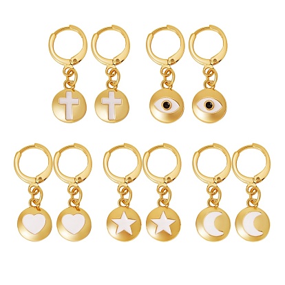 5Pairs 5 Styles Brass Huggie Hoop Earrings, with Enamel, Flat Round with Mixed Patterns